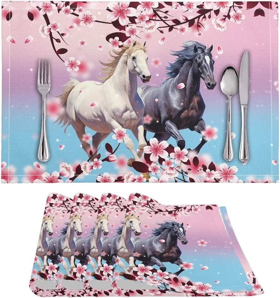 ZFRXIGN Flower Horse Placemats Heat Resistant Table Mats Set of 4 Pack Reusable Place Mat Set, Restaurant, Cafe Decor for Dining Table, Desk Pink Cherry Blossom