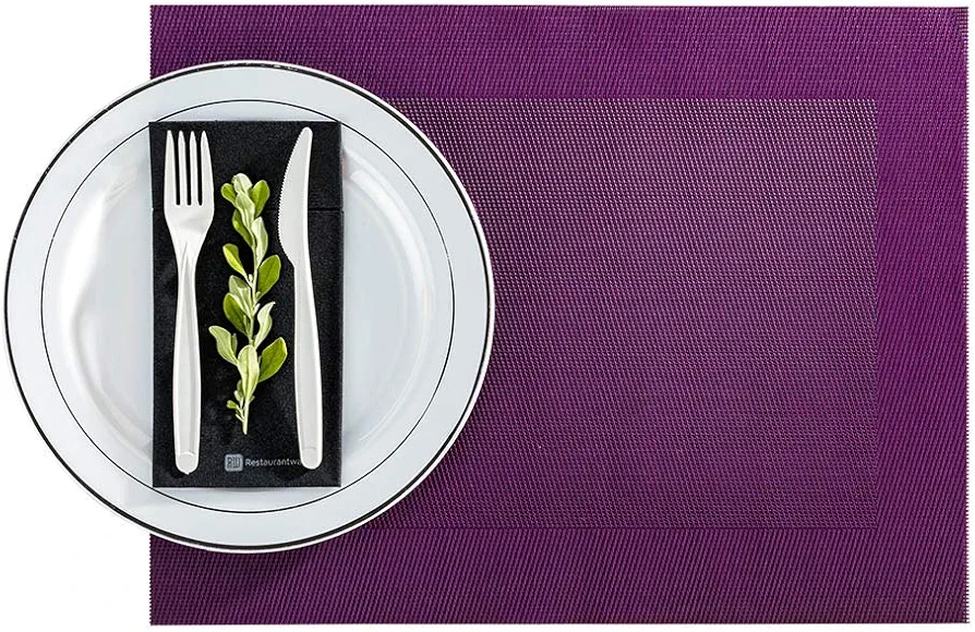 Restaurantware Geneva 16 Inch x 12 Inch Vinyl Table Mats 6 Heat Resistant Dinner Placemats - Stain Resistant Washable Violet Vinyl Kitchen Table Mats Woven For Parties and Dining Tables