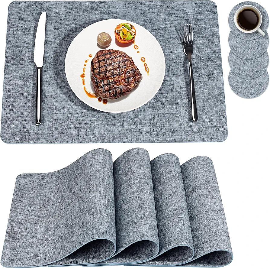Faux Leather Placemats Set of 4, NCUE 100% Waterproof and Heat Resistant Table Mats, Washable Kitchen Place Mats, Reversible Table Decorative Accessories for Indoor and Outdoor (Light Blue, Set of 4)