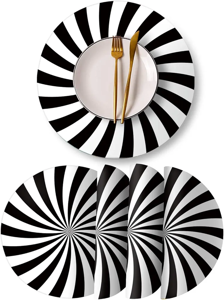 Round Leather Placemats Set of 4 PU Waterproof Non-Slip Washable Heat Resistant Place Mat for Kitchen Dining Table - Black and White Stripes