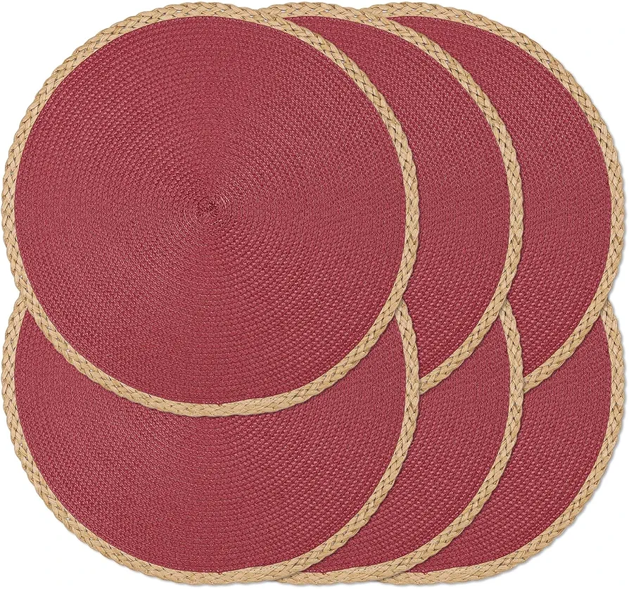 Noctiflorous Round Braided Placemats Set of 6 Table Mats 15 Inches Washable Heat Resistant for Dining Table Non-Slip Indoor Outdoor Place Mats for Thanksgiving Christmas Easter(Red Thin Edge 6)