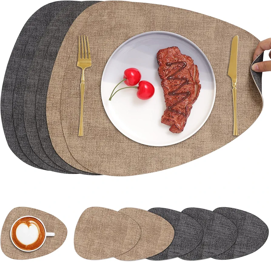 Placemats and Coasters, Washable Reversible Placemats Round Faux Leather Wipeable Place Mats Non Slip Heat Resistant Indoor Outdoor Table Mats (Set of 6, Gray Beige)