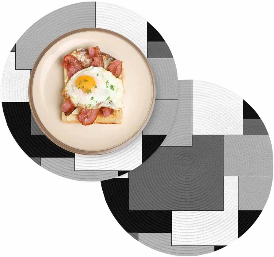 Round Placemats Set of 2 Abstract Modern Geometric Place Mats Washable Woven Placemat Black White Grey Circle Braided Heat Resistant Table Mat for Kitchen Dining Table Party Home Decor 13 Inch