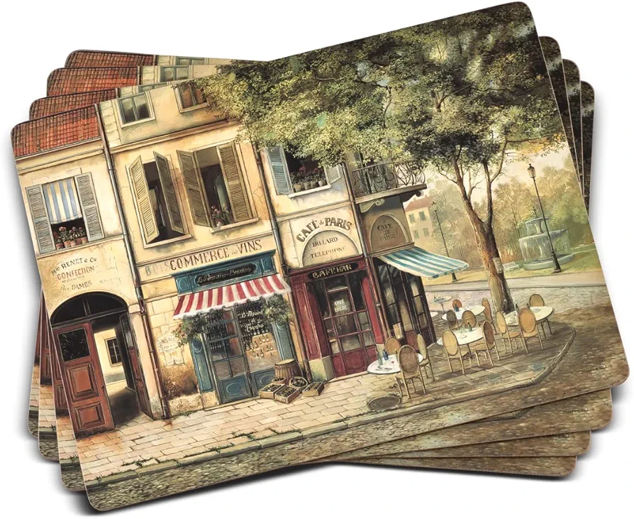 Pimpernel Parisian Scenes Collection Placemats | Set of 4 | Heat Resistant Mats | Cork-Backed Board | Hard Placemat Set for Dining Table | Measures 15.7” x 11.7” Multicolor