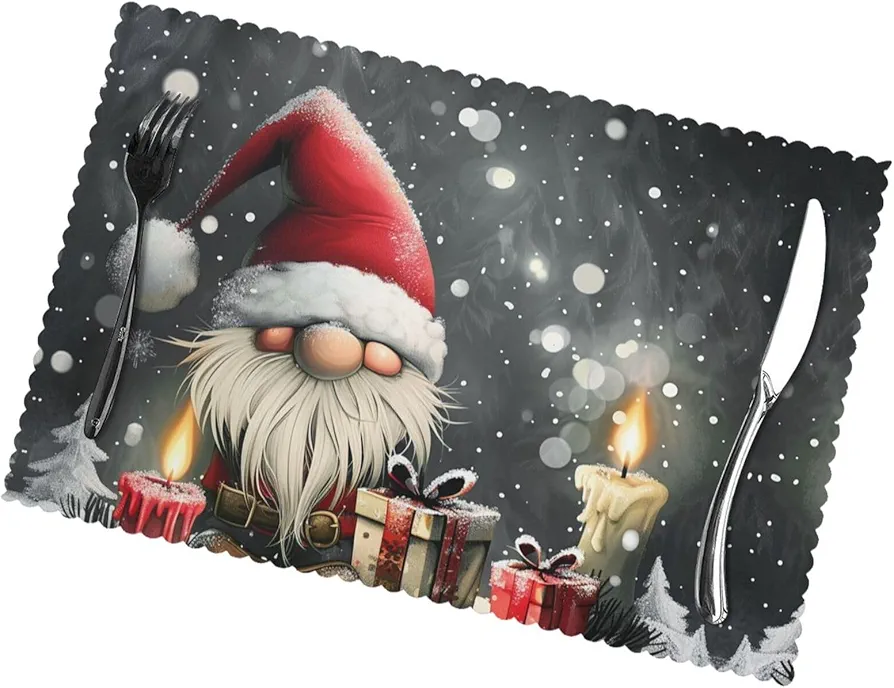 Merry Christmas Gnome Placemats Set of 6 Xmas Gifts Winter Snowflakes Table Mats Anti-Skid Washable Heat Resistant Place Mats Party Kitchen Decorations 12 X 18 inch