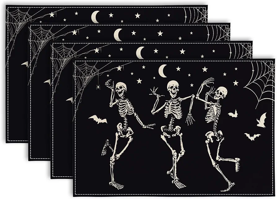 AnyDesign Halloween Placemat Dancing Skeletons Table Place Mat Black White Patterns Non-Slip Heat Resistant Kitchen Dining Table Mat Decor for Kitchen Dinner Table, 12 x 18 Inch, Set of 4