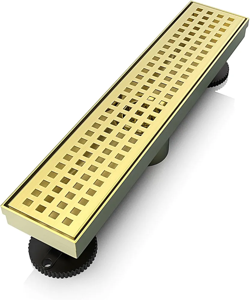 12 Inch Shower Linear Gold Drain Rectangular Floor Drain with Accessories Square Hole Pattern Cover Grate Removable SUS304 Stainless Steel CUPC Certified Brushed Gold