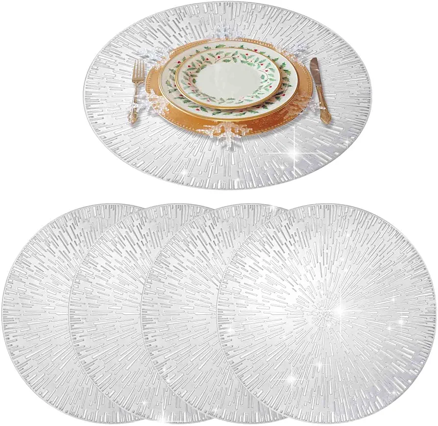 GIVERARE Placemats Set of 4, Round Heat-Resistant Vinyl Placemat, 15 inch Non-Slip Washable PVC Table Mat, Easy to Clean Premium Plastic Table Mats for Dining Table, Kitchen Table (Silver)