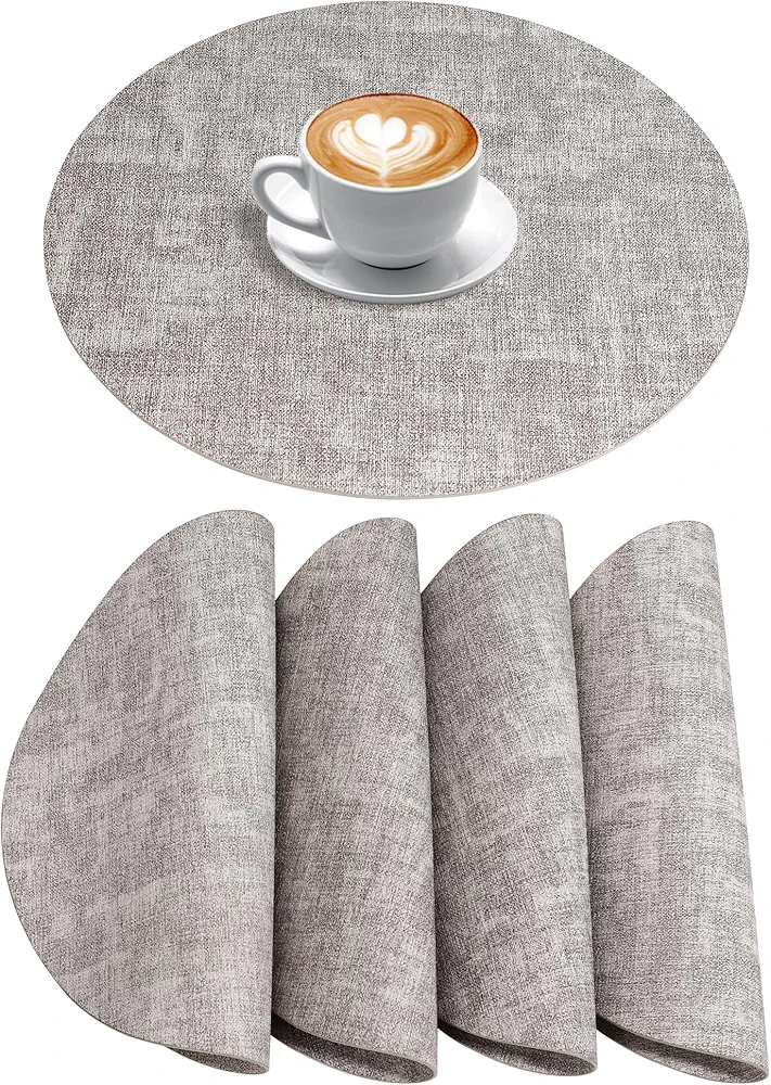 Round Placemats Set of 4, Reversible Faux Leather Place Mats Indoor Vinyl Table Mats Washable Wipeable Easy to Clean Heat Resistant Circle Placemat Outdoor Kitchen Dining Waterproof (Light Gray)
