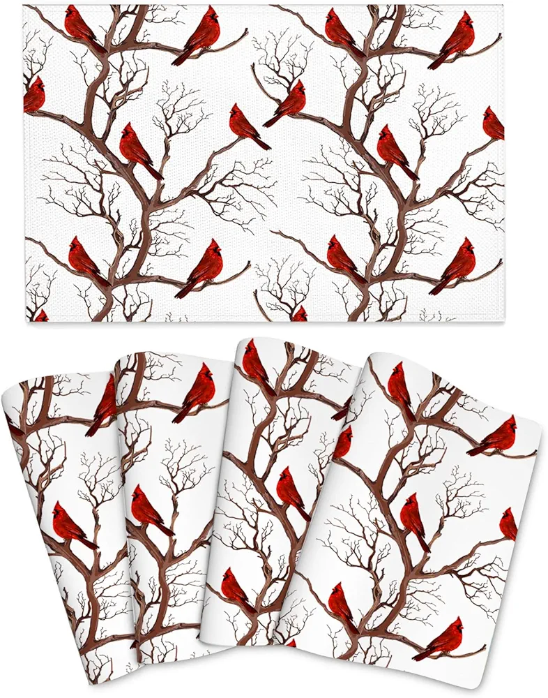 Winter Cardinal Christmas Placemats Set of 4, Red Decorative Place Mats 12x18 Inch Washable Heat Resistant Table Mats for Kitchen Dining Tables Holiday Party Farmhouse Home Decor
