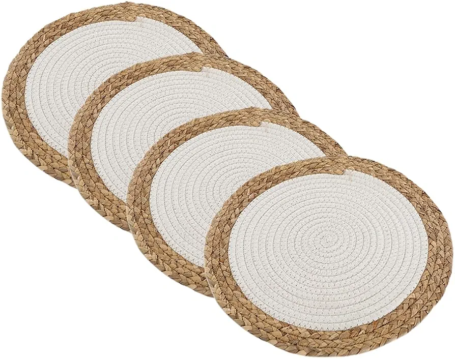 Round Woven Placemats Set of 4 Braided Non-Slip Indoor Outdoor Place Mats Heat Resistant Table Mats for Dining Table,Home,Wedding (White)