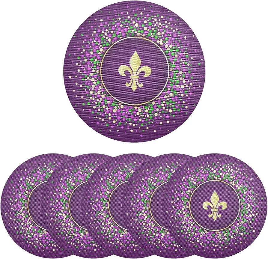 Naanle Mardi Gras Placemats Set of 6 Mardi Gras Fleur De Lis Flower Round PVC Woven Place Mats Indoor Washable for Kitchen Dining Tables 15 inch Heat Resistant Round Table Mats