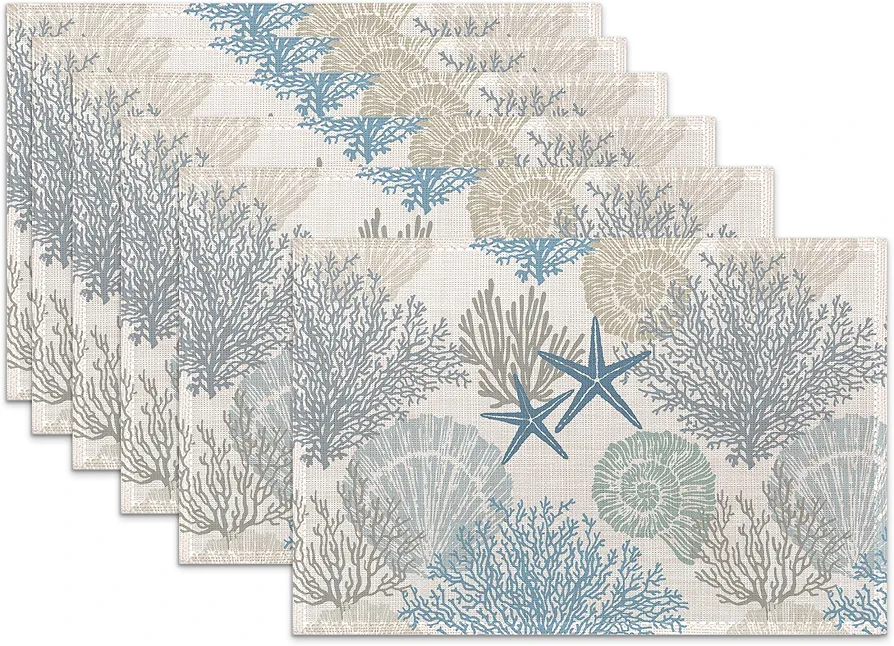 Coastal Beach Placemats Set of 6,Shell Starfish Coral Heat Resistant Table Mats Washable Place Mats for Party Kitchen Farmhouse Home Dining Holiday Decor 12x18 Inch