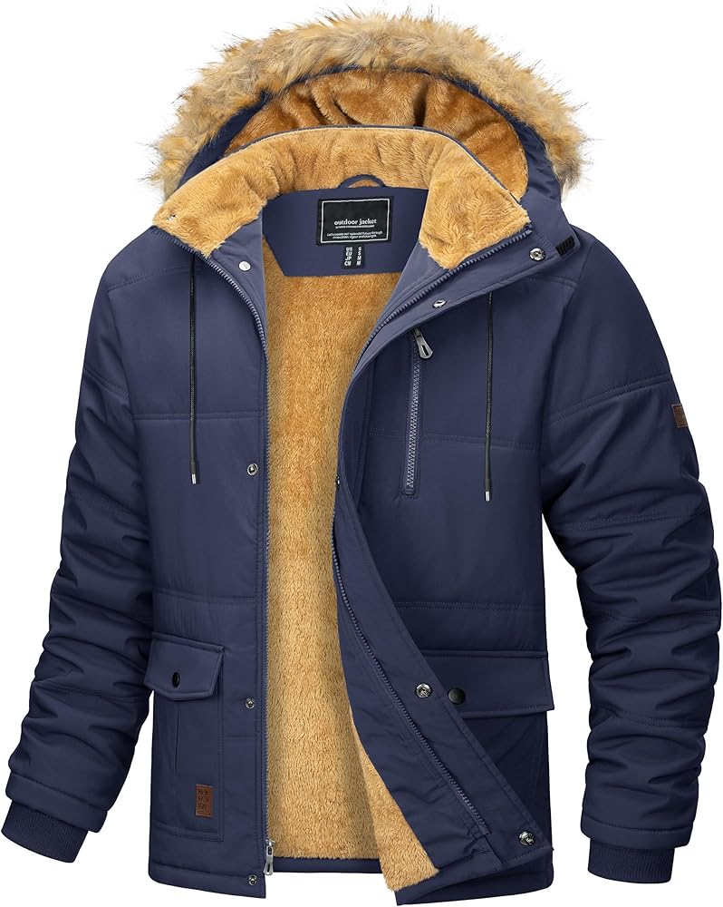 MAGCOMSEN Men's Fleece Lined Parka Jacket Hooded Puffer Jacket Warm Winter Coat Thicken Fur Jackets Windproof Coats