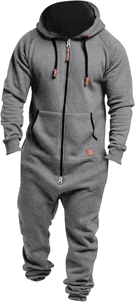 Mens One Piece Jumpsuit Full Zip Athletic Hooded Onesie Fashion Casual Jogger Workout Sweatsuit Rompers with Pocket