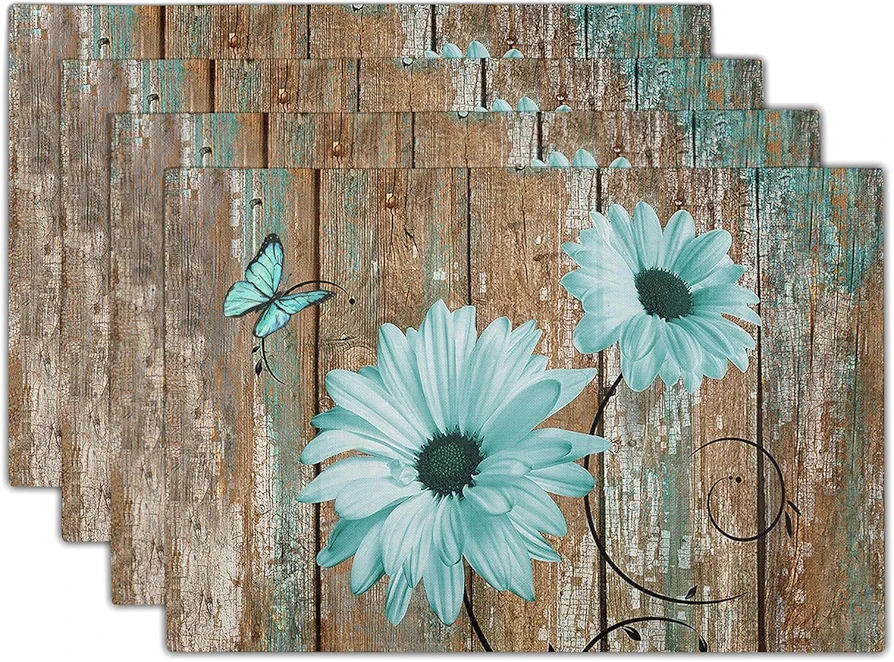 Giwawa Rustic Daisy Placemats Set of 4- Teal Sunflowers on Vintage Wood Board Linen Place Mat- Farmhouse Wooden Non Slip Heat Resistant Table Mats for Dining Kitchen Cabin Lodge Decor