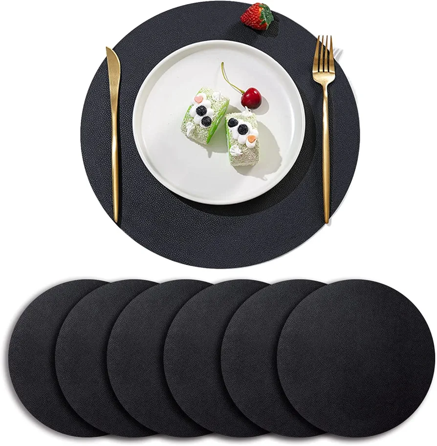6Pack Faux Leather Placemats Set, Black Round PU Dinning Table Mats, Wipeable Easy to Clean Stain Resistant Heat Resistant Waterproof Place Mats Durable Plate Mats for Table Nordic Style(Black)
