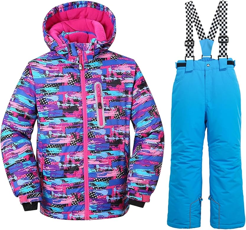 WOWULOVELY Girls Thicken Warm Snowsuit Hooded Ski Jacket Pants 2 Pcs Set Skiing Jacket with Pants