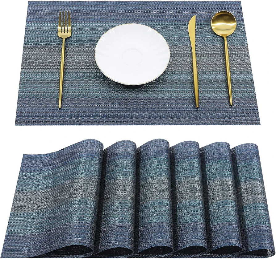 Pauwer Placemats Set of 6 Woven Placemats for Dining Table Indoor Outdoor Table Mats Heat Resistant Washable Vinyl Placemats for Kids, Dark Blue