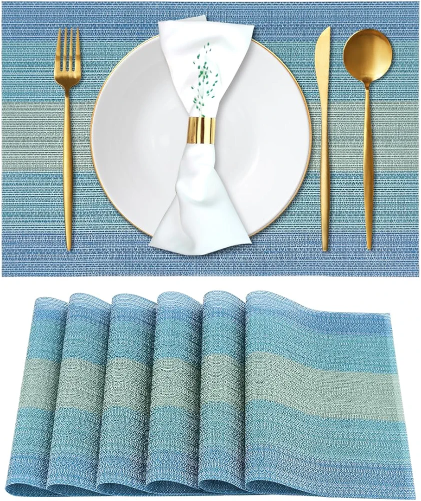 Placemats Set of 6 Heat Resistant Woven Place Mats for Kitchen Table Indoor/Outdoor Woven Vinyl Washable PlaceMat Wipeable Dining Table Mats (Set of 6, Blue)
