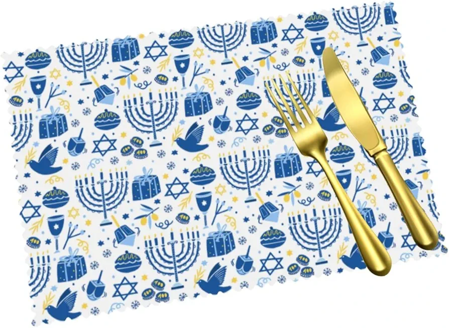 Hanukkah Placemats Set of 4 - Hanukkah Pattern White Table Place Mats Heat Resistant Placemats Table Mats for Kitchen Dining Home Decor,12"X18"