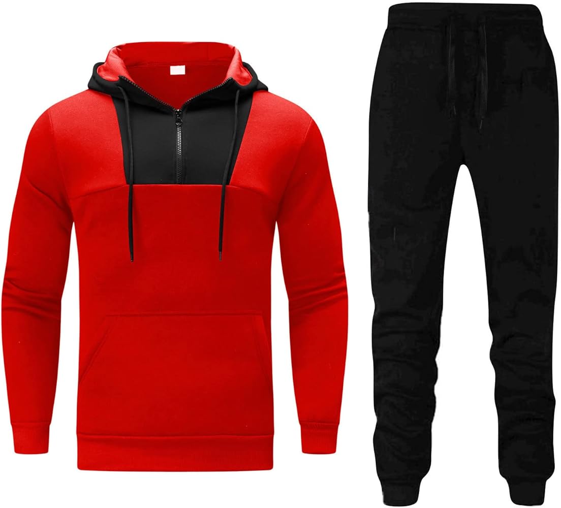 Muscularfit Sweatsuits for Men Big and Tall Athletic Jogging Tracksuit Long Sleeve Color Block 1/4 Zip Hooded Sweatshirt Set