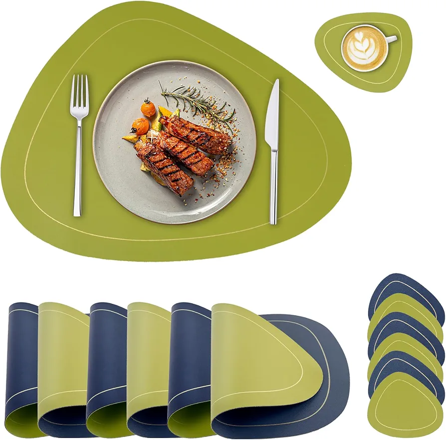 Placemats Set of 6 Double-Sided Leather Washable Heat Resistant Placemats with Coasters Waterproof Oil-Proof Wipeable Place Mats for Kitchen Table Dining Patio Indoor Outdoor Table Mats-Blue
