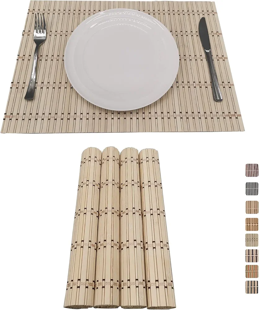 ANDSTAR Set of 4 Bamboo Slats Placemat Modern Table Bamboo Placemats Natural Anti-Slip Bamboo Placemats Washable Heat-Resistant Table Mats for Kitchen Dinning Room Table Decor(Natural)