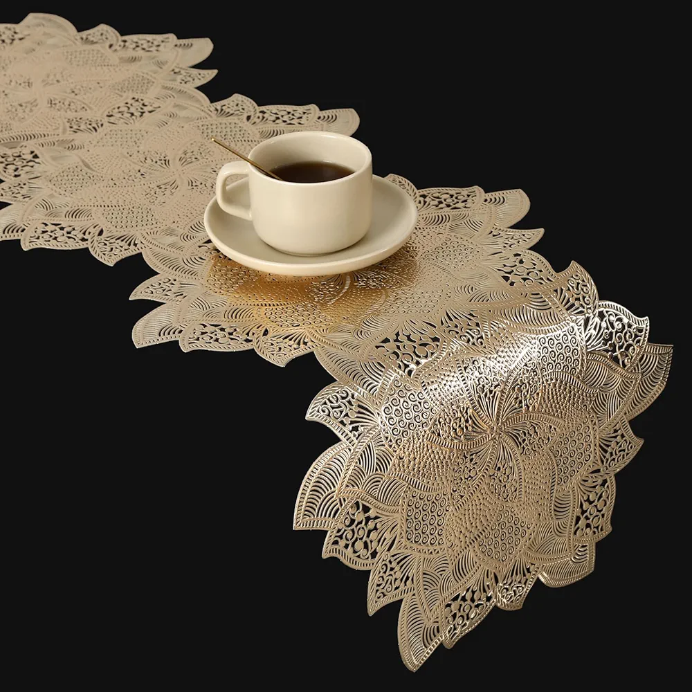 FAVE Gold Table Runners 36 Inches Heat Resistant Table Runner Flower Shaped Short Table Runner Washable Table Mats FallTable Runner for Party,Wedding (Table Runner-Gold Flower)