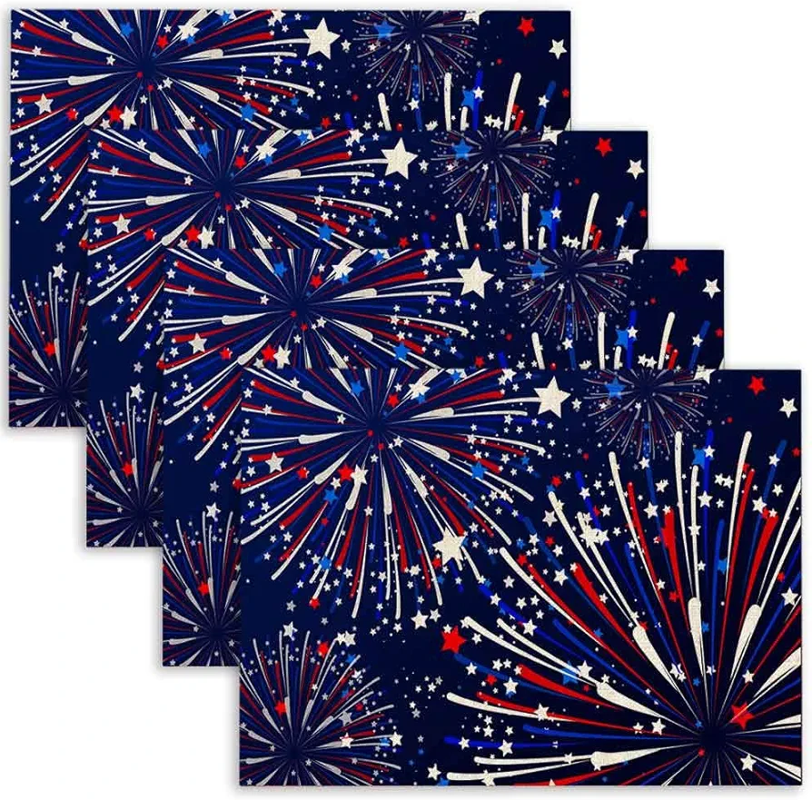 Mrcrypos Placemats Set of 4 Fireworks in Color of Blue White Red for Festival Celebration Mats Memorial Day Table Mats Flax Placemat Non-Slip Heat Resistant Place Mats for Kitchen Dining 18X12 Inch