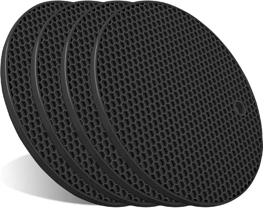 4 Pcs Trivets for Hot Dishes, Kitchen Heat Resistant Silicone Trivet, Extra Thick, Large, Non Slip (1. Black)