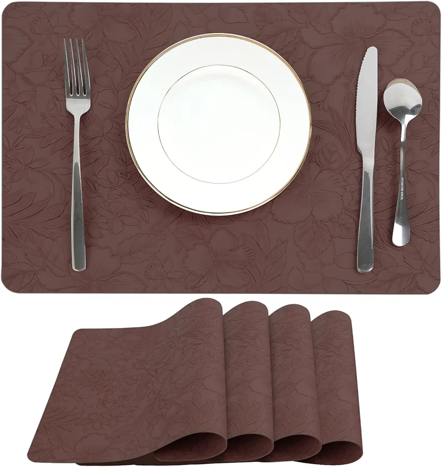 Reversible Embossed PU Faux Leather Placemats Set of 4, Brown Burgundy (17×11.7in) Table Mats – Heat Resistant, Wipe Clean, Washable, Anti-Slip, Stain-Resistant for Indoor & Outdoor Use Place Mats