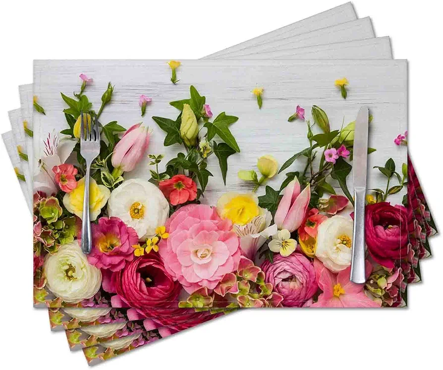 Placemats Set of 4,Rose Floral,Washable Burlap Woven Heat Resistant Placemat for Dinning Table,Farmhouse,Outdoor,18X12 Inch