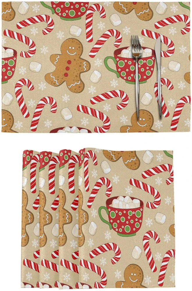 Placemats Set of 6, Cute Christmas Holiday Gingerbread Candy Canes Dining Table Mats Non Slip Vinyl Placemat Kitchen Heat Resistant Washable