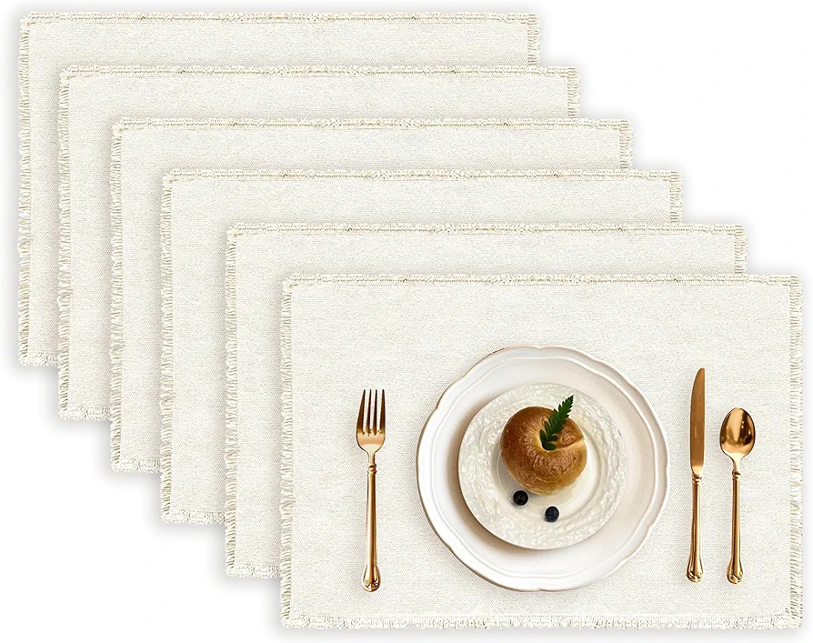 100% Cotton Placemats Set of 6, 13 x 19 Inch Woven Cloth Placemats Boho Rectangular Washable Placemats Linen Fabric Heat Resistant Placemats for Kitchen and Dining Tables, Beige