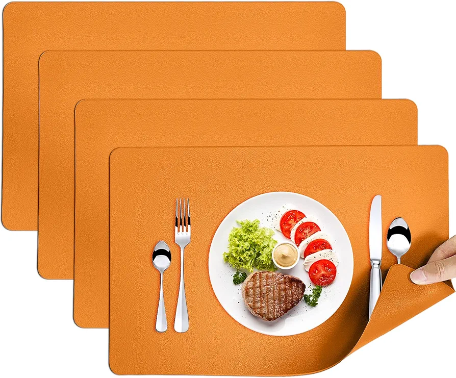 Herda Orange Faux Leather Fall Placemats,4 Set PU Leather Dining Mats Fall Non-Slip Waterproof Placemats, Indoor Wipeable Washable Thick Table Mats, Heat Resistant Table Mats Set of 4 Thanksgiving…
