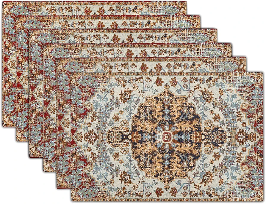Ethnic Boho Placemats Set of 6 Southwest Brown Blue Carpet Woven Texture Linen Washable Kitchen Dining Table Mats Stain Heat-Resistant Desktop Decor Place Mats for Home Party Indoor 12x18 in