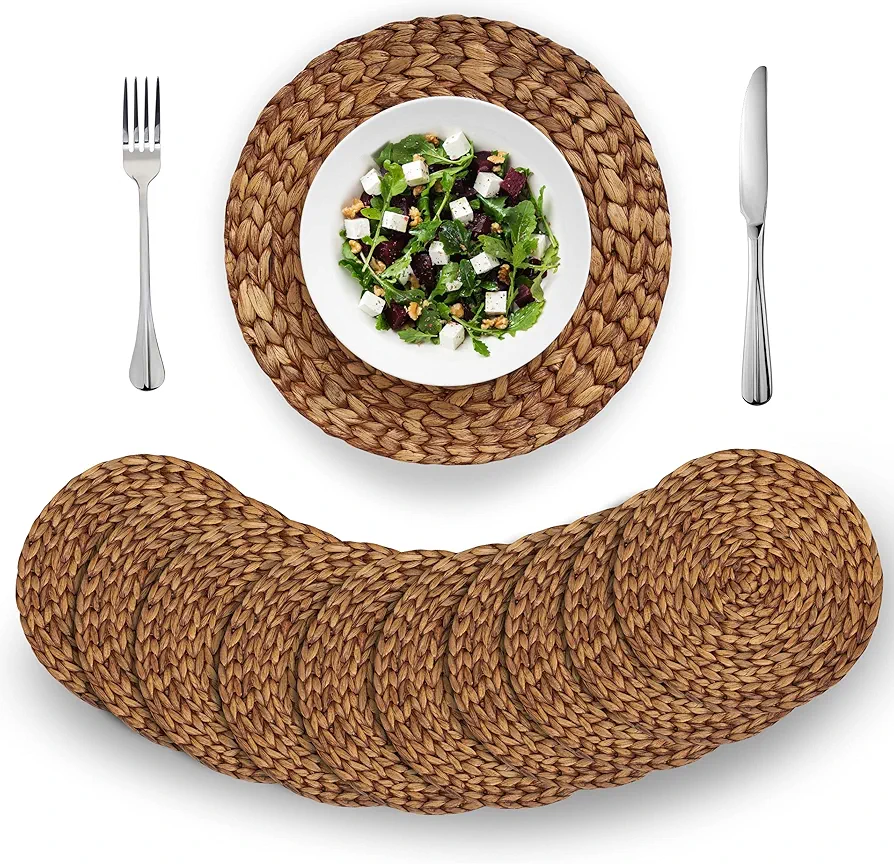 (4 Sizes: 12"-13"-14"-15") BARIEN Brown Woven Placemats Round Set of 10, Natural Water Hyacinth Weave Placemat for Dining Table, Large Handmade Woven Placemats Heat Resistant Non-Slip (13" - Set 10)