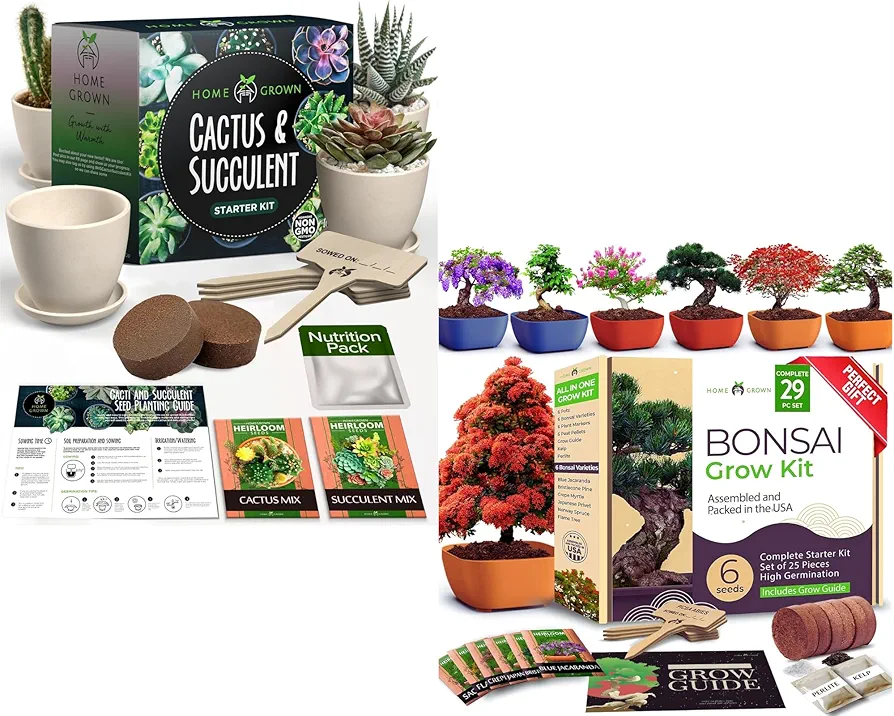 HOME GROWN Bonsai Tree Kit & Succulent & Cactus Seed Kit - Perfect Christmas Gift for Men & Women - Complete DIY Starter Kits with Planters, Seeds, Soil, & Tools for Gardeners and Plant Lovers