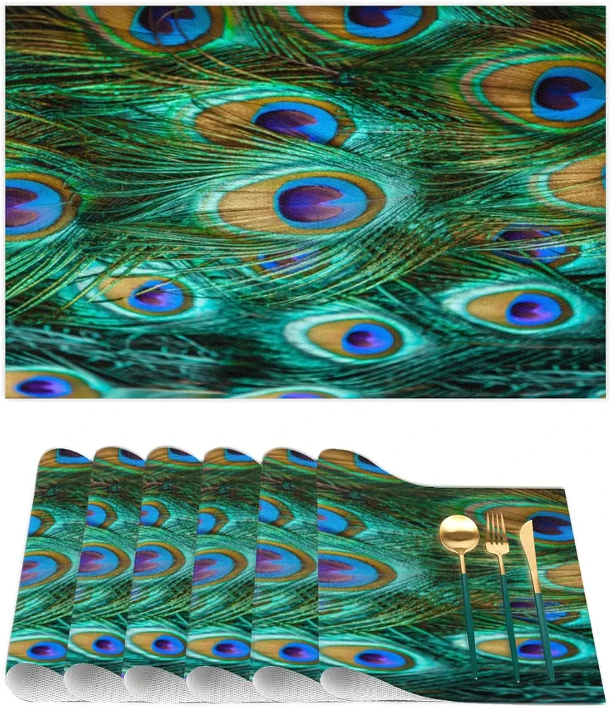 PVC Placemats Set of 6, Peacock Bird Feather Kitchen Place Mats for Dining Table Non Slip Washable Heat Resistant Table Mats Placemat for Indoor Outdoor Decor