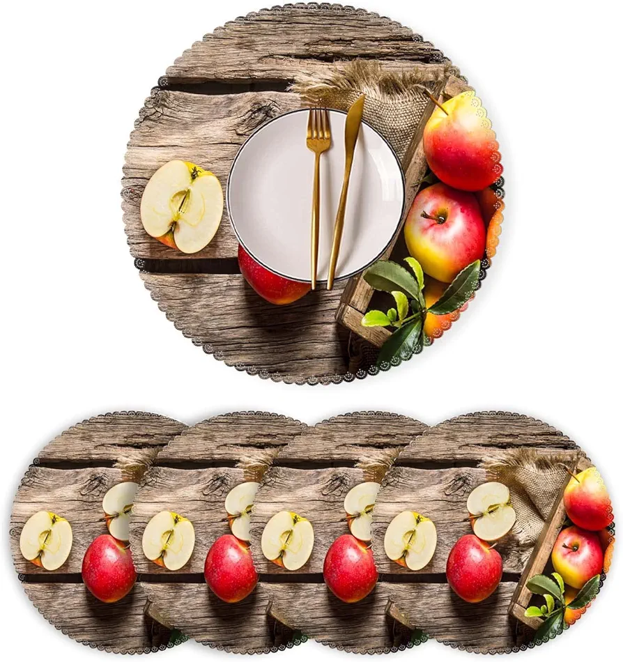 Placemats,Round Placemats Washable Polyester Table Mats Set of 4 Heat Resistant Placemats for Kitchen Dining Table Decoration - Apple Farmhouse Wooden Table