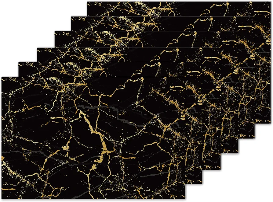Placemats Set of 6, Black Gold Marble Texture Linen Place Mats,Modern Washable Table Placemats 12"x18" Heat Resistant Table Mats for Dining Kitchen Party Holiday Decoration