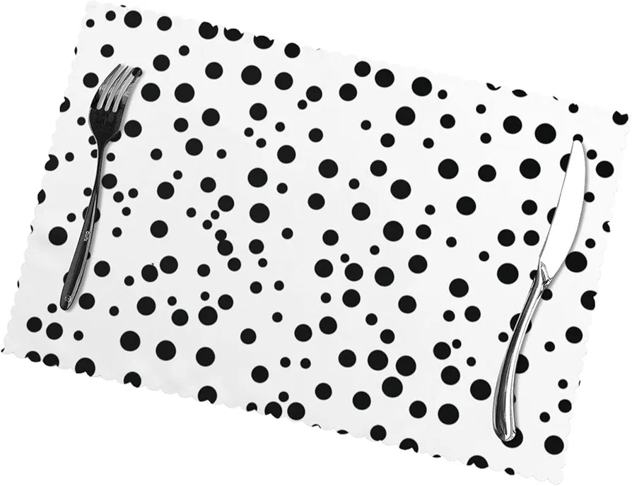 Black and White Polka Dot Placemats Set of 6, Heat Resistant Place Mats, Washable Table Mats, Non-Slip Stain Resistant Kitchen Table Placemats Easy to Clean