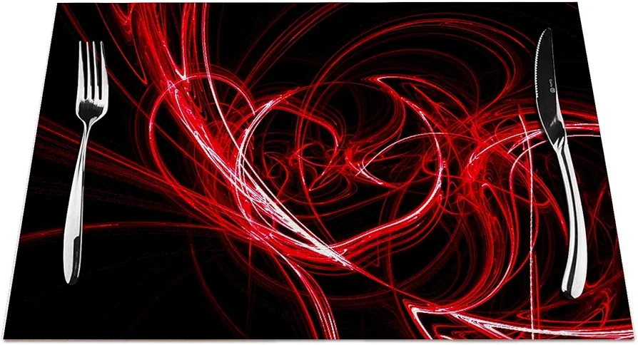 Red Circle Placemats Set of 4, Abstract Red Circles Lines Black Placemats Heat Resistant for Dining Table Non-Slip 18x12 Inches