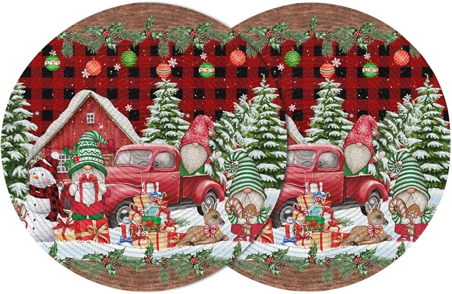 2 Packs Round Braided Placemats, Merry Christmas Snowman Xmas Tree Gnomes 15 inch Washable Heat Resistant Place Mats for Kitchen Dining Table Indoor Decoration Durable Table Mats