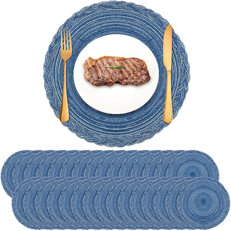 Tioncy Large 15 inch Round Braided Placemats Boho placemats Bulk Washable Fabric Cotton Placemats Heat Resistant Round Kitchen Table Mats Circle Nonslip Table Mats(Blue, Set of 30)