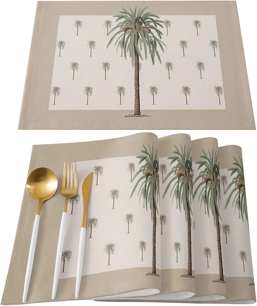 Placemats Set of 4 Dinner Cotton Linen Burlap Heat Resistant Table Mats Tropical Beach Palm Tree Washable Non-Slip Insulation Placemat for Banquet Kitchen Dining Table Decor 13 x 19 Inch