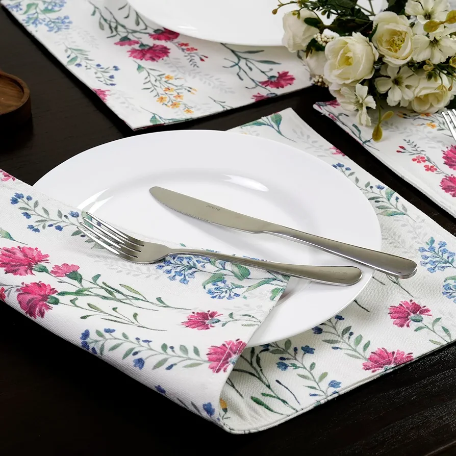 Floral Placemats Set of 4 Thickened Flowers Print Two Layers Washable Fabric Non-Slip Heat Resistant Placemats for Dining Table Kitchen Decor Holiday Rectangular Place Mat Pink