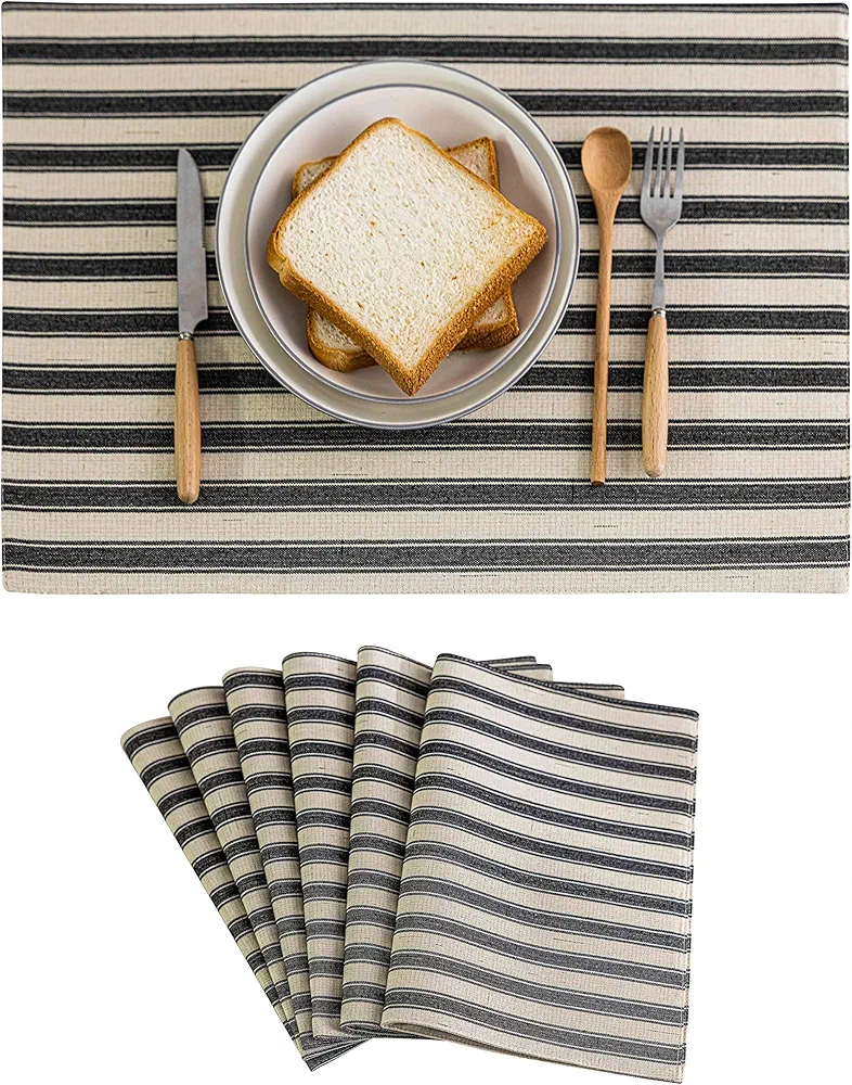 Home Brilliant Cloth Placemats Set of 6 Heat Resistant Place Mats for Dining Table Farmhouse Washable Placemats for Parties Buffet Dinner, 13 x 19 inches, Stripes, Black and White