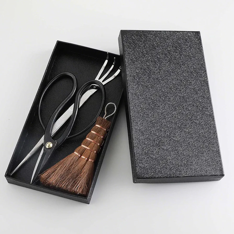Wazakura Japanese Bonsai Garden 3PCS Tool Starter Kit, Made in Japan, Traditional Bonsai Scissors, Stainless Tweezers with Rake, Chinese Broom. Beginner Set wit Tweezers, Shears and Brush